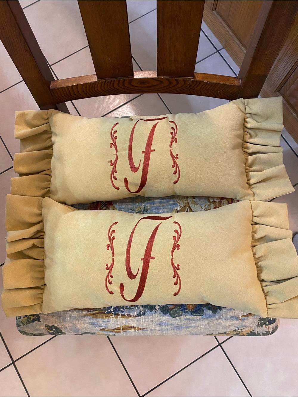 Custom Monogram F Ruffled Lumbar Pillow Pair in Tan Cream w/ Red Initial 20” x6”